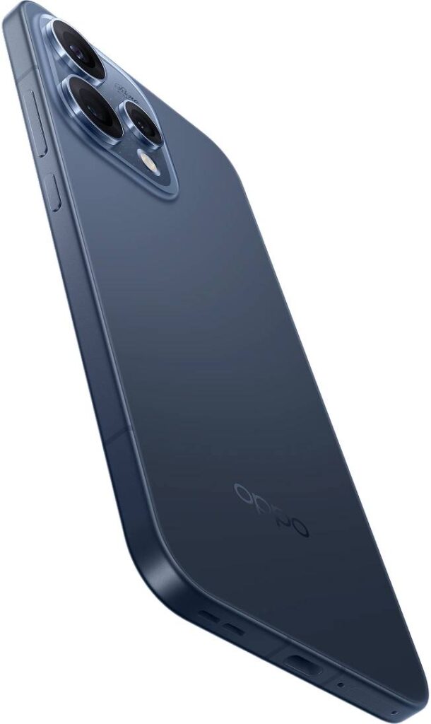 sleek blue smartphone with triple camera module angled view