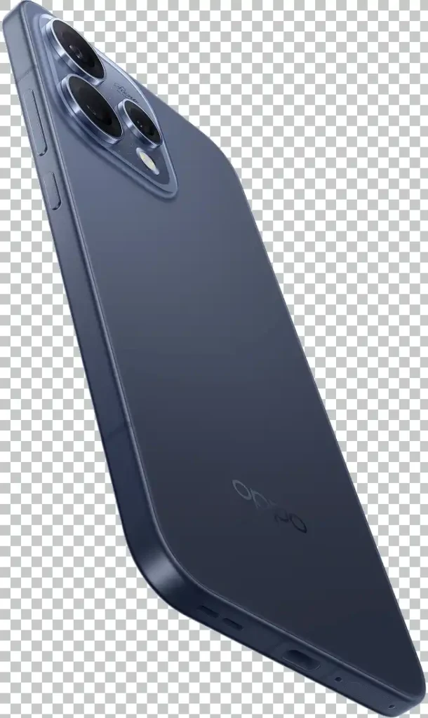 sleek blue smartphone with triple camera module angled view