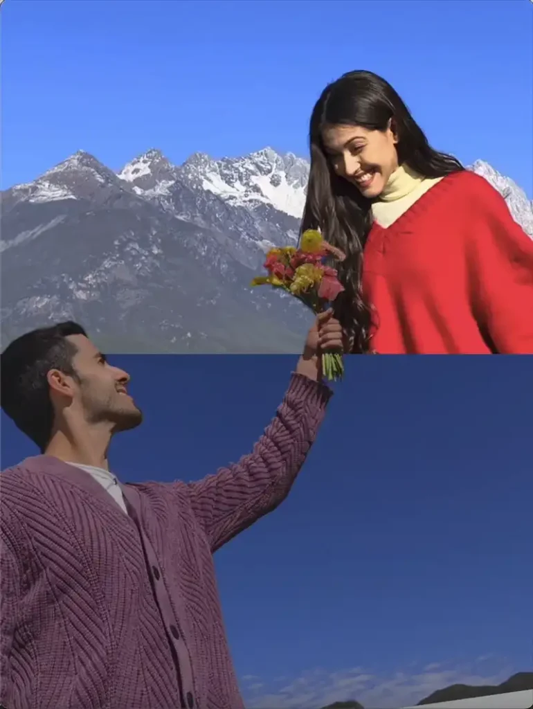 man giving flowers to smiling woman with mountain backdrop