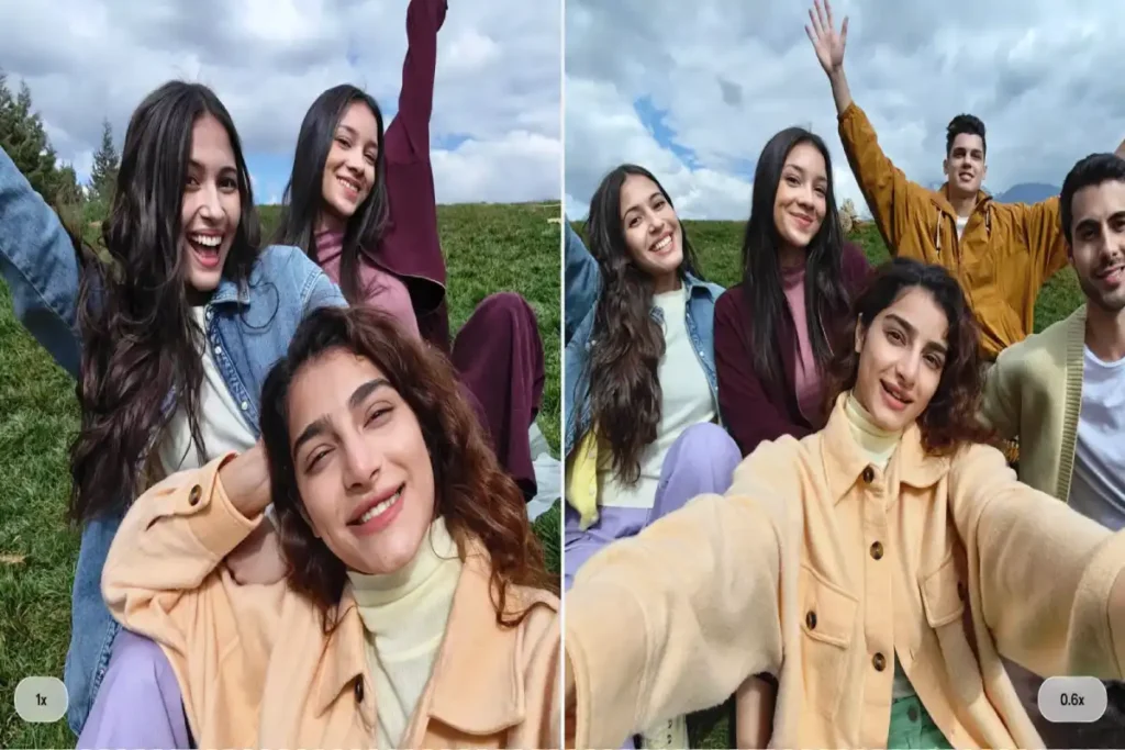 group of friends taking selfie outdoors comparing camera zoom modes