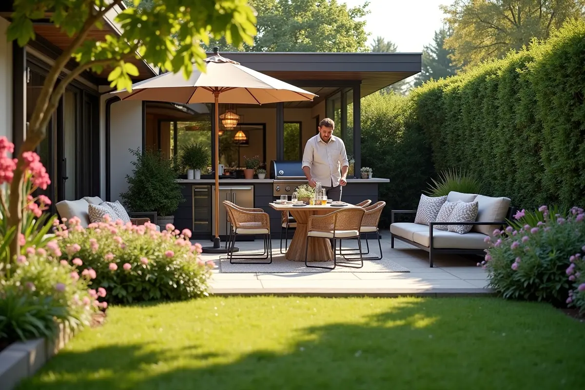 homeowner preparing outdoor entertaining area for summer gatherings and comfort